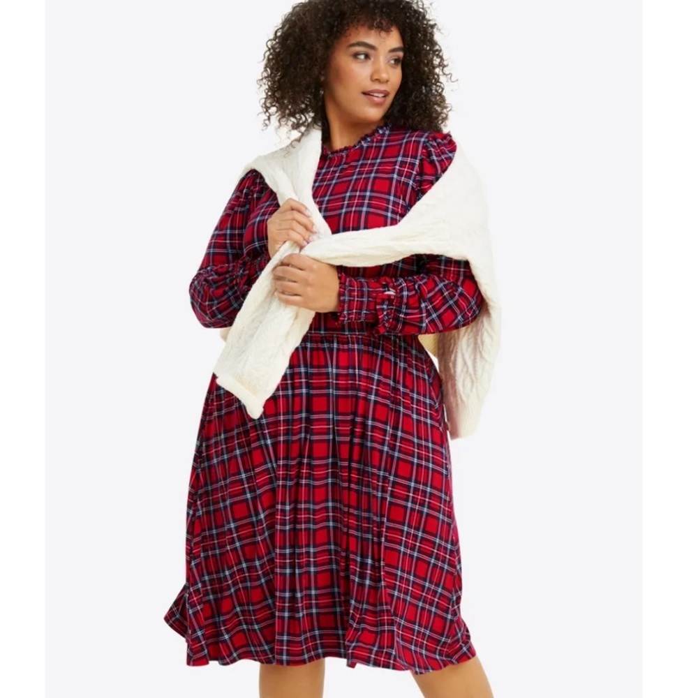 Draper James kitty knit plaid navy red raffle smocked sleeves mid dress size 1x